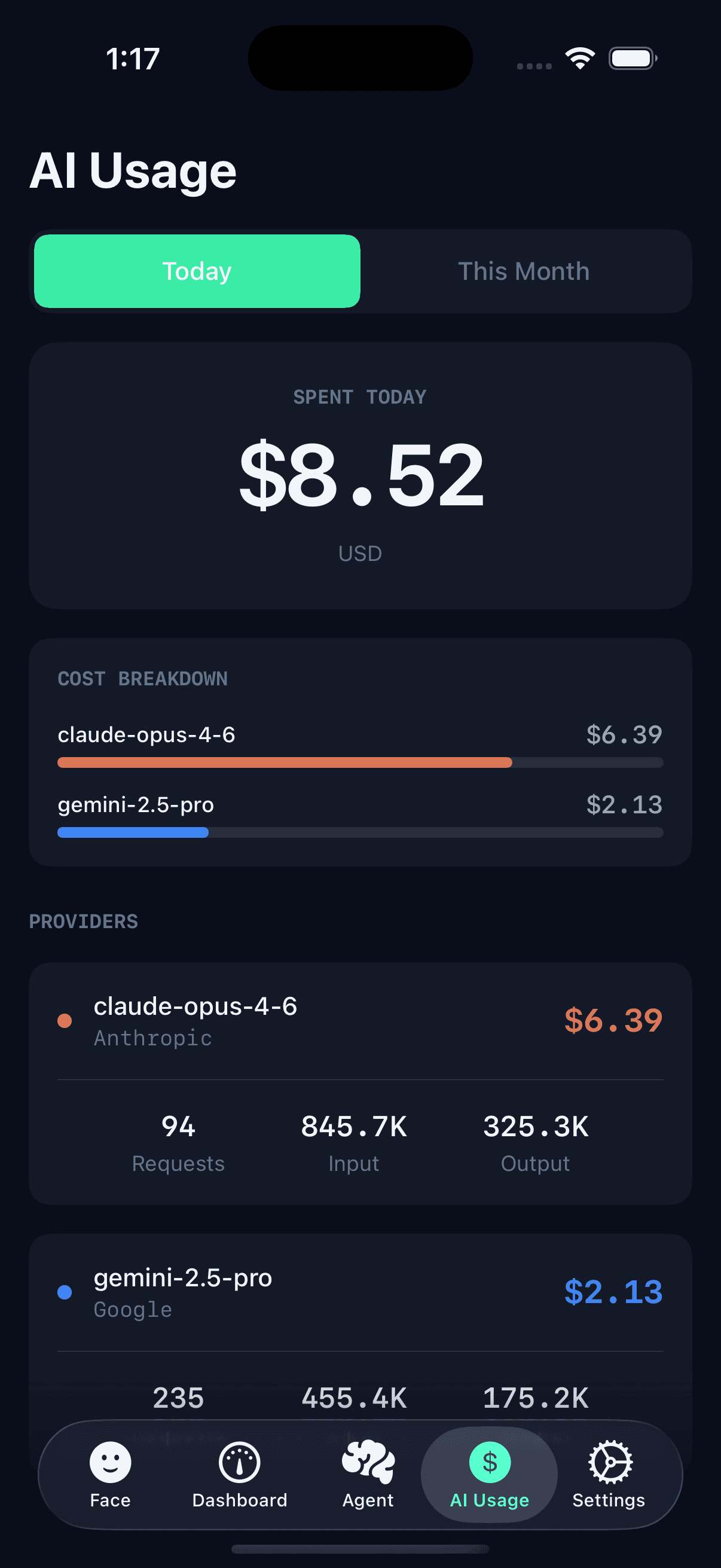 AI cost tracker displaying spending across Claude, OpenAI, and Gemini