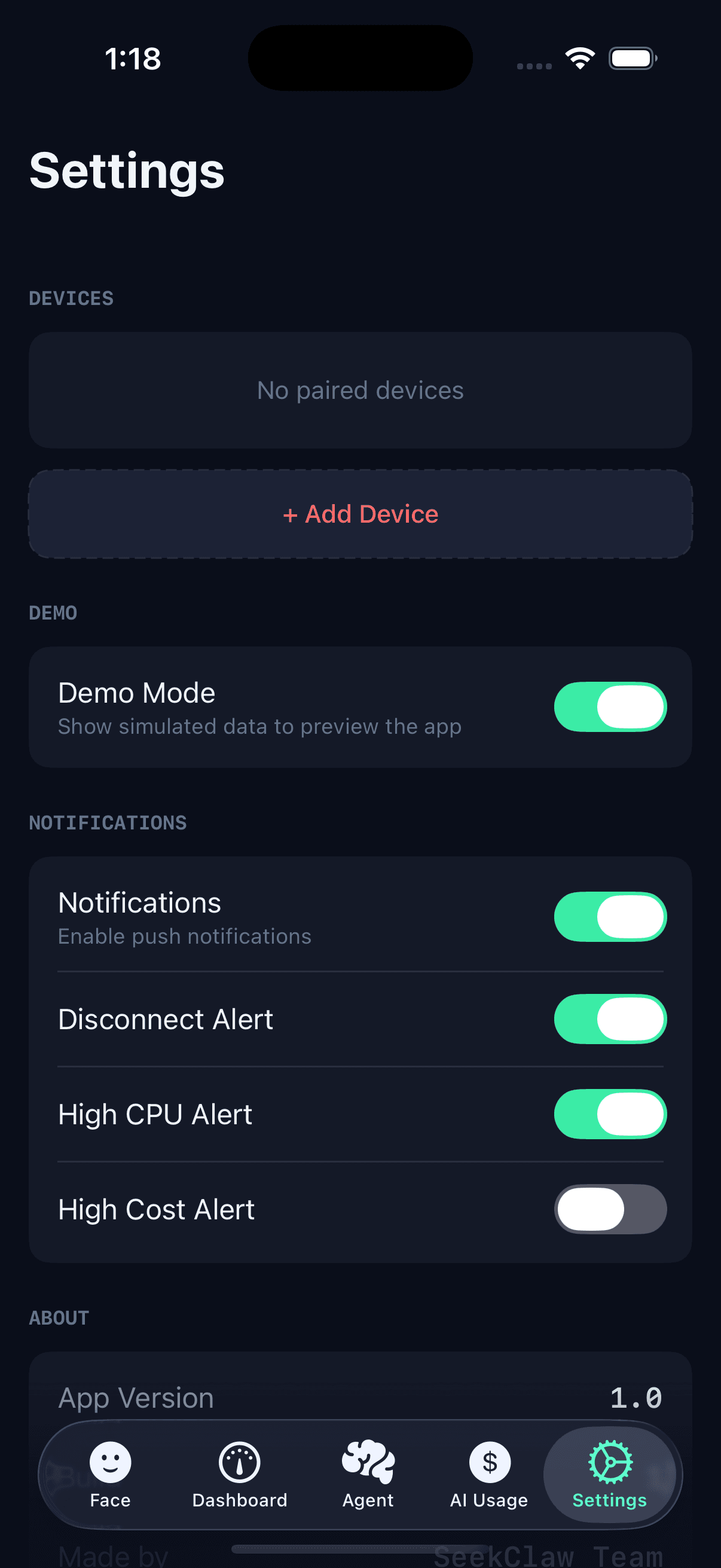 ClawFace settings for device pairing and monitoring preferences